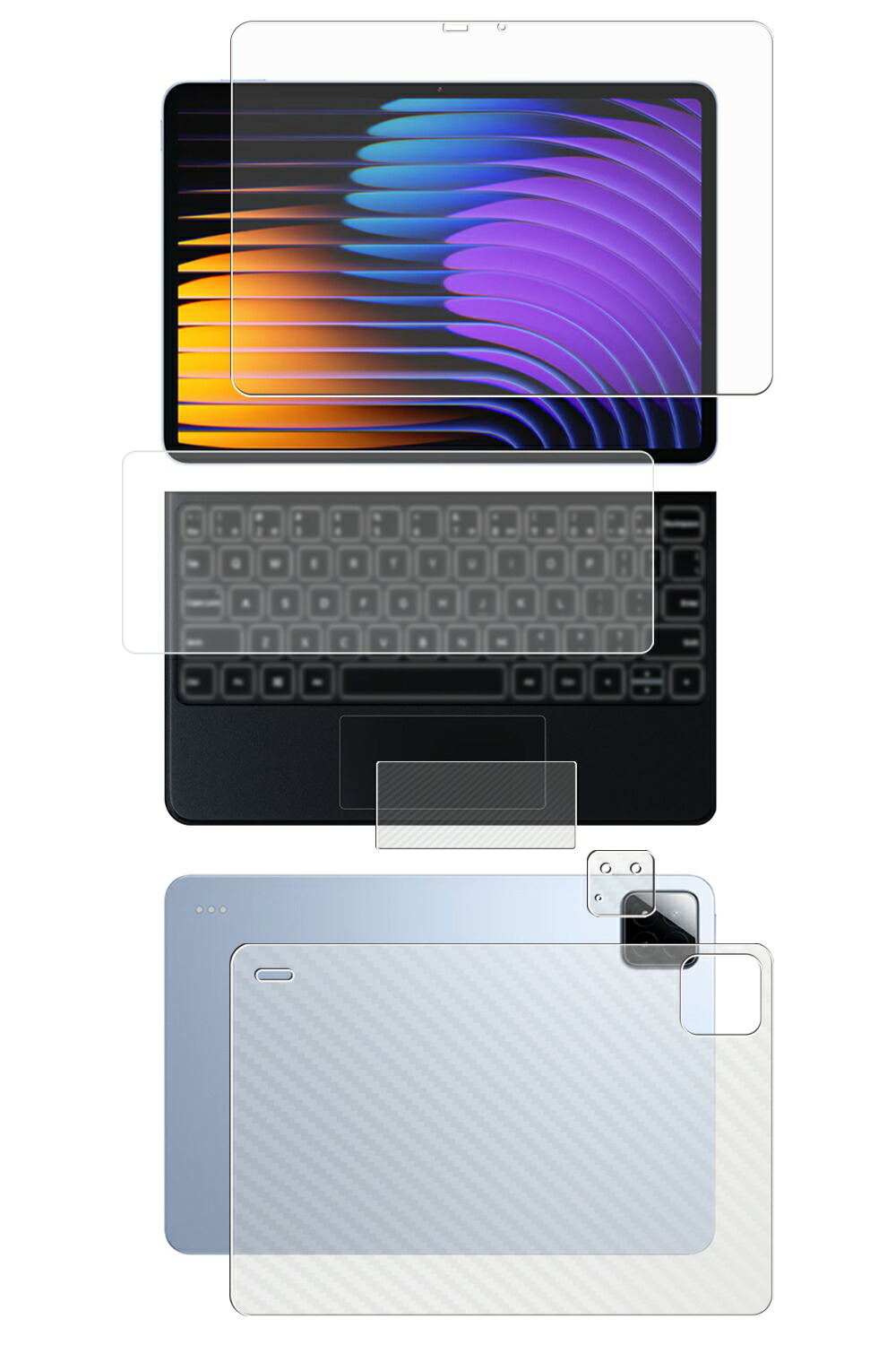 【4点セット(画面+背面+タッチパッド+キーボードカバー)】Xiaomi Pad 7 / 7 Pro 用 [10] 安心の5大機能 衝撃吸収 ブルーライト カット 液晶 保護 フィルム ＋ カーボン調 背面 保護フィルム 反射防止 抗菌 気泡レス ★