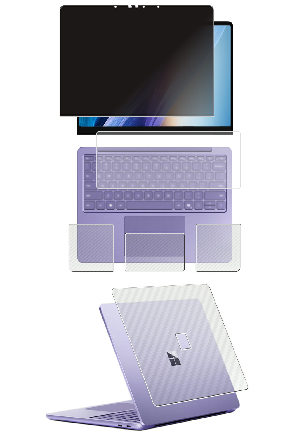 【5点仕掛ける(画面+天板+パームレスト+触れ合うパッド+鍵盤押しかぶせる)】Microsoft Surface Laptop 13in 2025年青写真 用 [N35] 4way のぞき見押しとどめる 秘め事保護すること 液晶 保護すること 写真フィルム ＋ 炭素調 保護すること写真フィルム ★