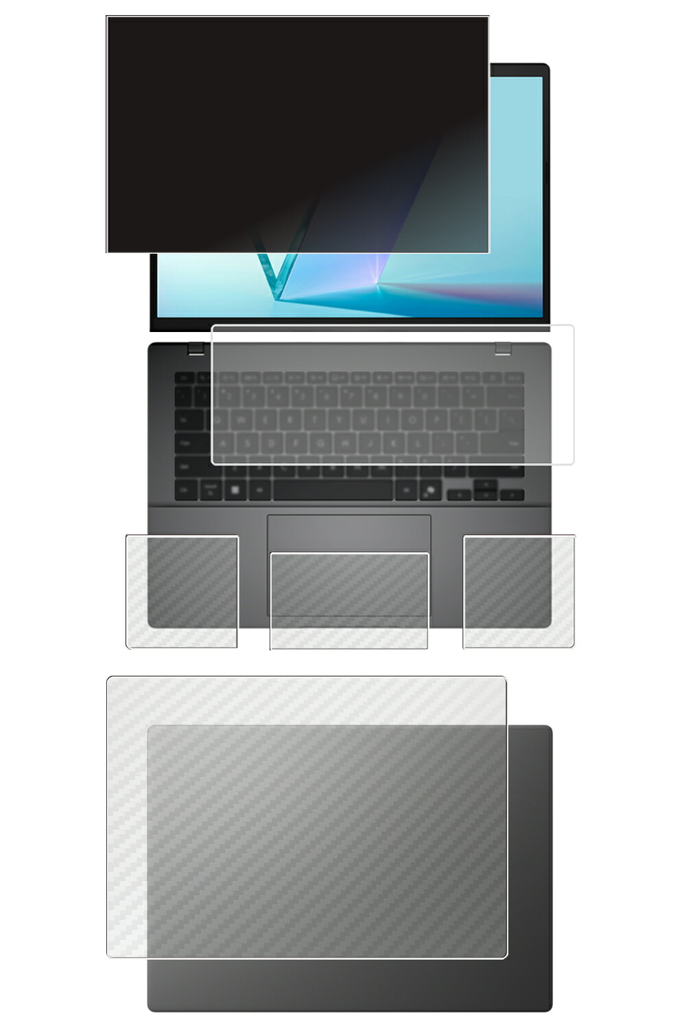 【5点仕掛ける(画面+天板+パームレスト+触れ合うパッド+鍵盤押しかぶせる)】ASUS Vivobook S14 S3407 / M3407 2025年青写真 用 [N35] 4way のぞき見押しとどめる 秘め事保護すること 液晶 保護すること 写真フィルム ＋ 炭素調 保護すること写真フィルム ★