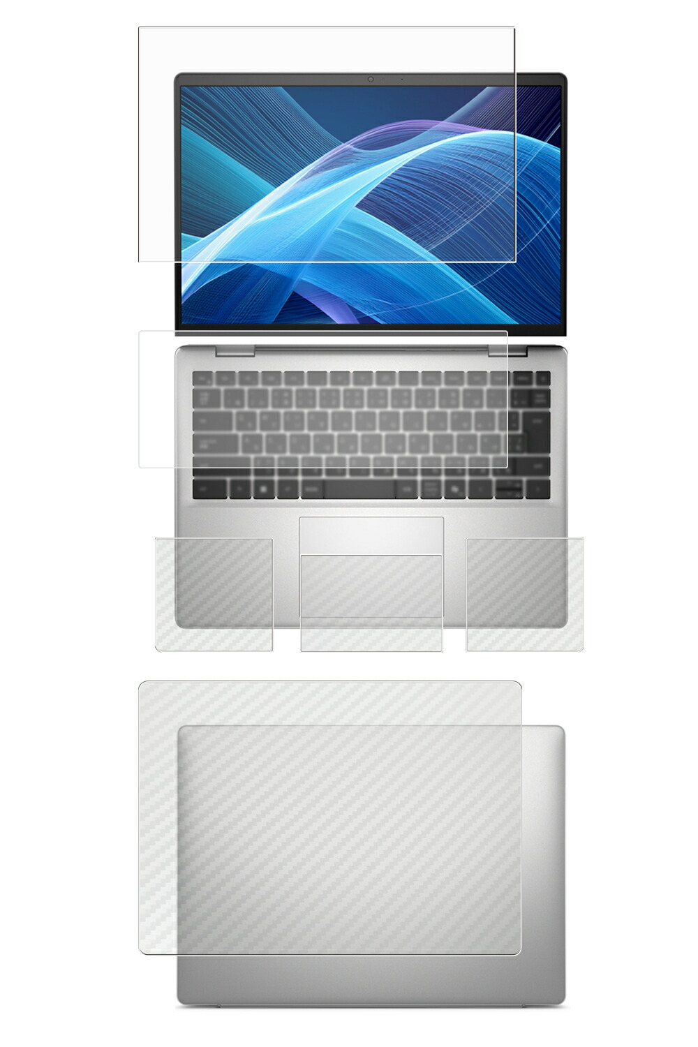 【5点セット(画面+天板+パームレスト+タッチパッド+キーボードカバー)】Dell 14 DC14255 2025年モデル キーボードカバー(指紋認証なし) 用 [N35] 高硬度 9H アンチグレア タイプ 液晶 保護 フィルム ＋ カーボン調 保護フィルム ★