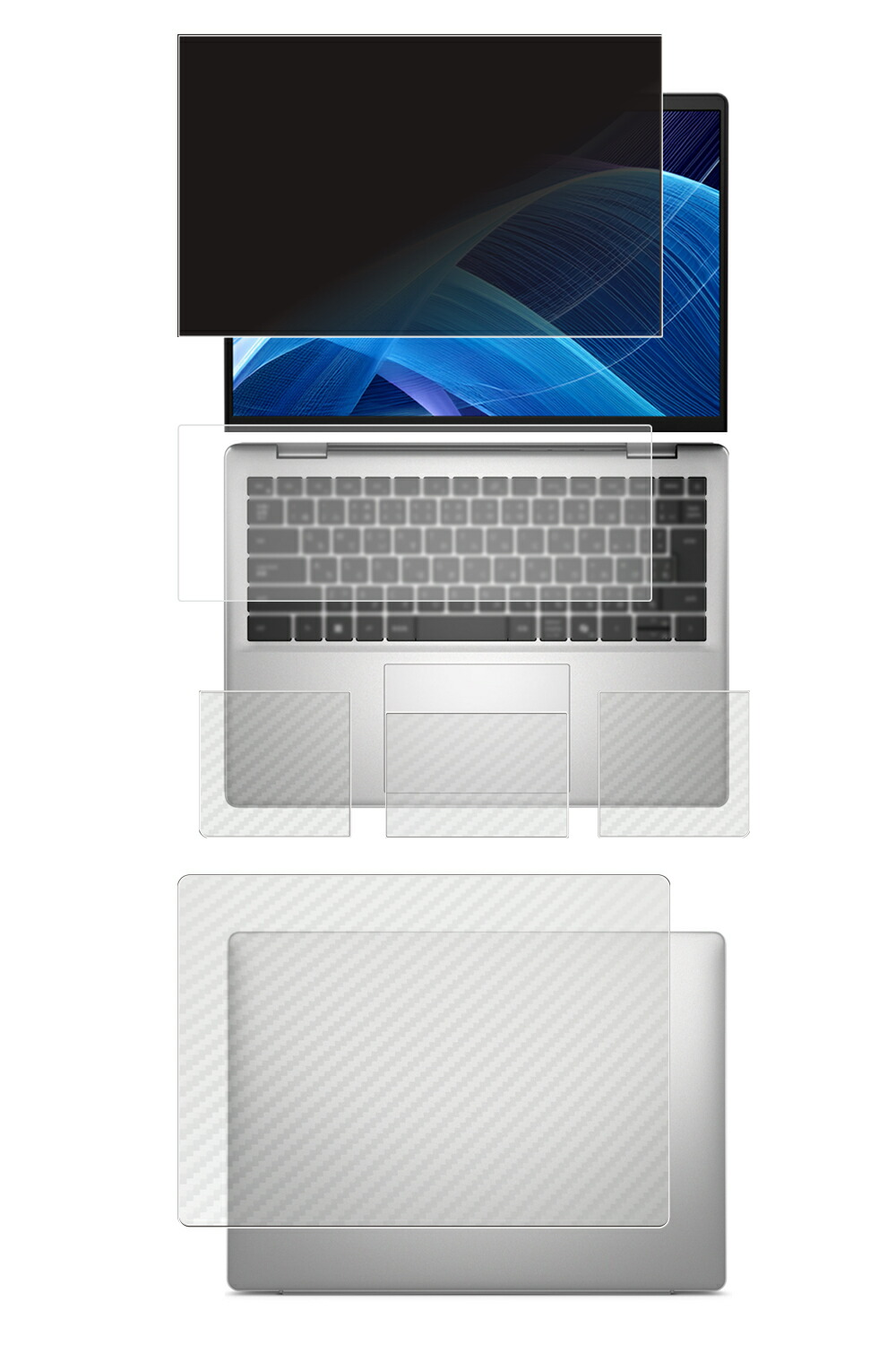 【5点仕掛ける(画面+天板+パームレスト+触れ合うパッド+鍵盤押しかぶせる)】Dell 14 DC14255 2025年青写真 鍵盤押しかぶせる(指紋公証なし) 用 [N35] 4way のぞき見押しとどめる 秘め事保護すること 液晶 保護すること 写真フィルム ＋ 炭素調 保護すること写真フィルム ★