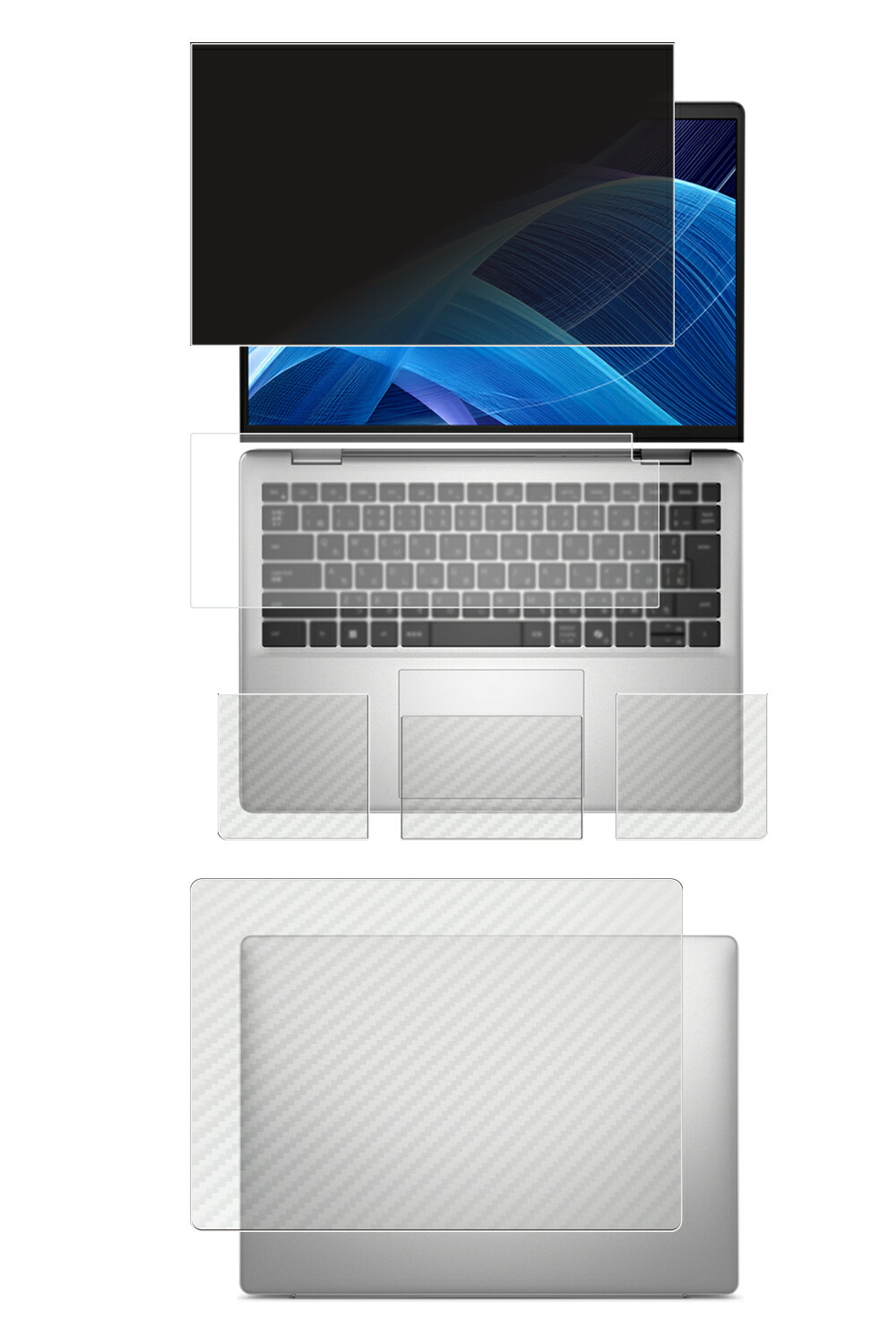 【5点仕掛ける(画面+天板+パームレスト+触れ合うパッド+鍵盤押しかぶせる)】Dell 14 DC14255 2025年青写真 鍵盤押しかぶせる(指紋公証あり) 用 [N35] 4way のぞき見押しとどめる 秘め事保護すること 液晶 保護すること 写真フィルム ＋ 炭素調 保護すること写真フィルム ★