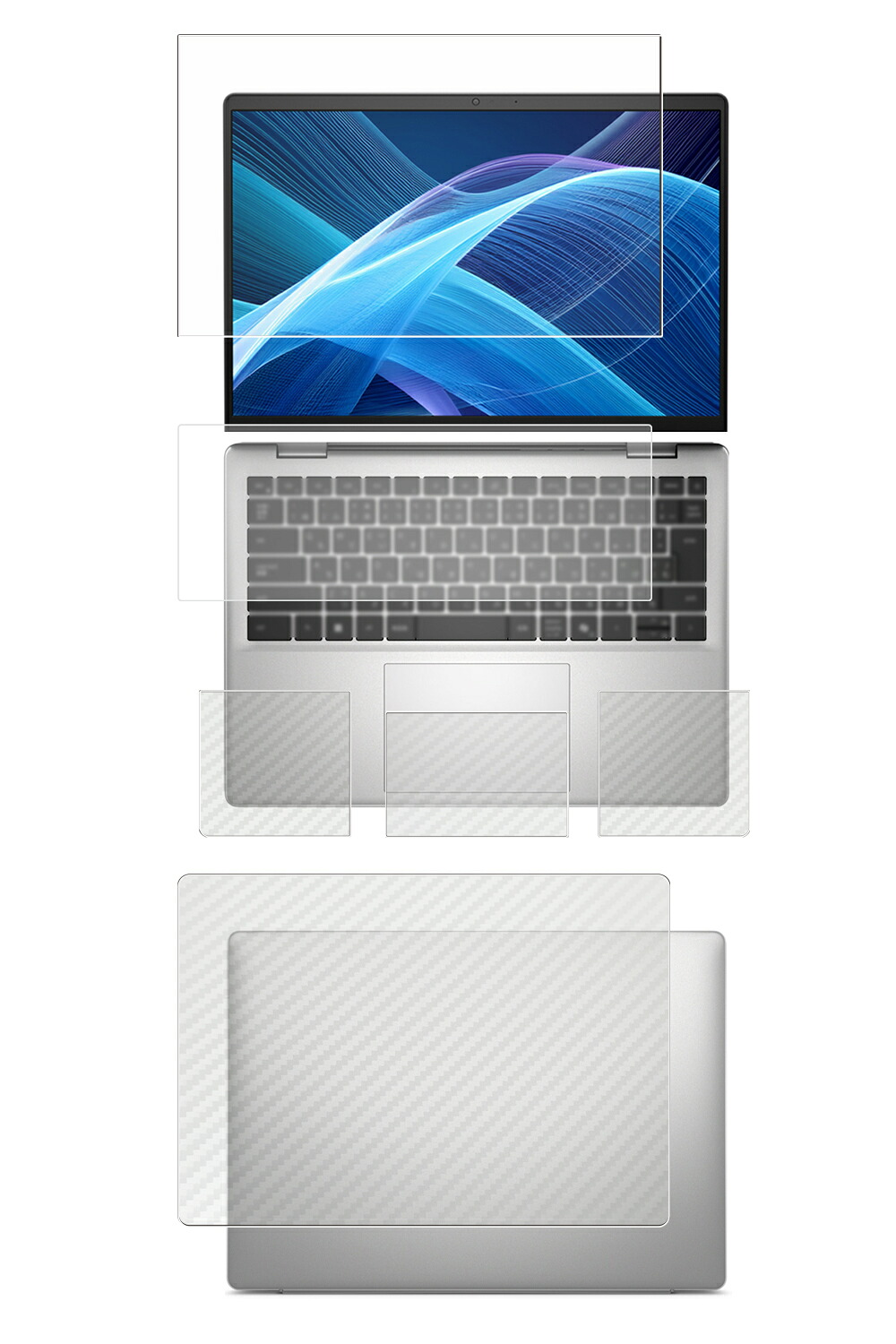 【5点セット(画面+天板+パームレスト+タッチパッド+キーボードカバー)】Dell 14 DC14255 2025年モデル キーボードカバー(指紋認証なし) 用 [N35] 高硬度 9H ブルーライトカット クリア 液晶 保護 フィルム ＋ カーボン調 保護フィルム ★