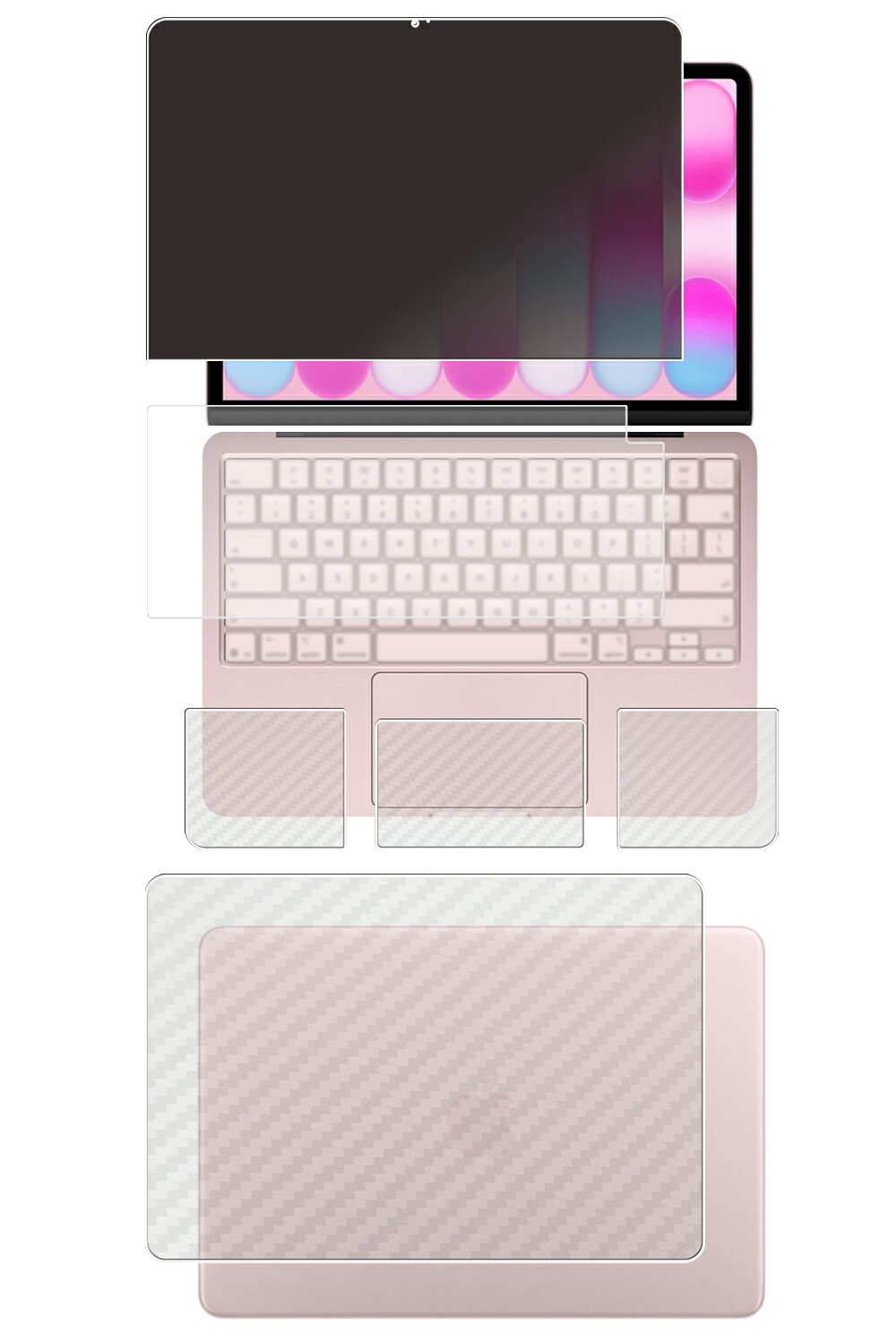 【5点仕掛ける(画面+天板+パームレスト+触れ合うパッド+鍵盤押しかぶせる)】MacBook Neo 13in 2026年青写真 指紋公証あり 用 [N35] 4way のぞき見押しとどめる 秘め事保護すること 液晶 保護すること 写真フィルム ＋ 炭素調 天板 保護すること写真フィルム ★