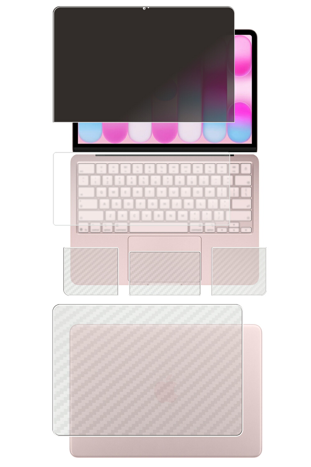 【5点仕掛ける(画面+天板+パームレスト+触れ合うパッド+鍵盤押しかぶせる)】MacBook Neo 13in 2026年青写真 指紋公証なし 用 [N35] 4way のぞき見押しとどめる 秘め事保護すること 液晶 保護すること 写真フィルム ＋ 炭素調 天板 保護すること写真フィルム ★