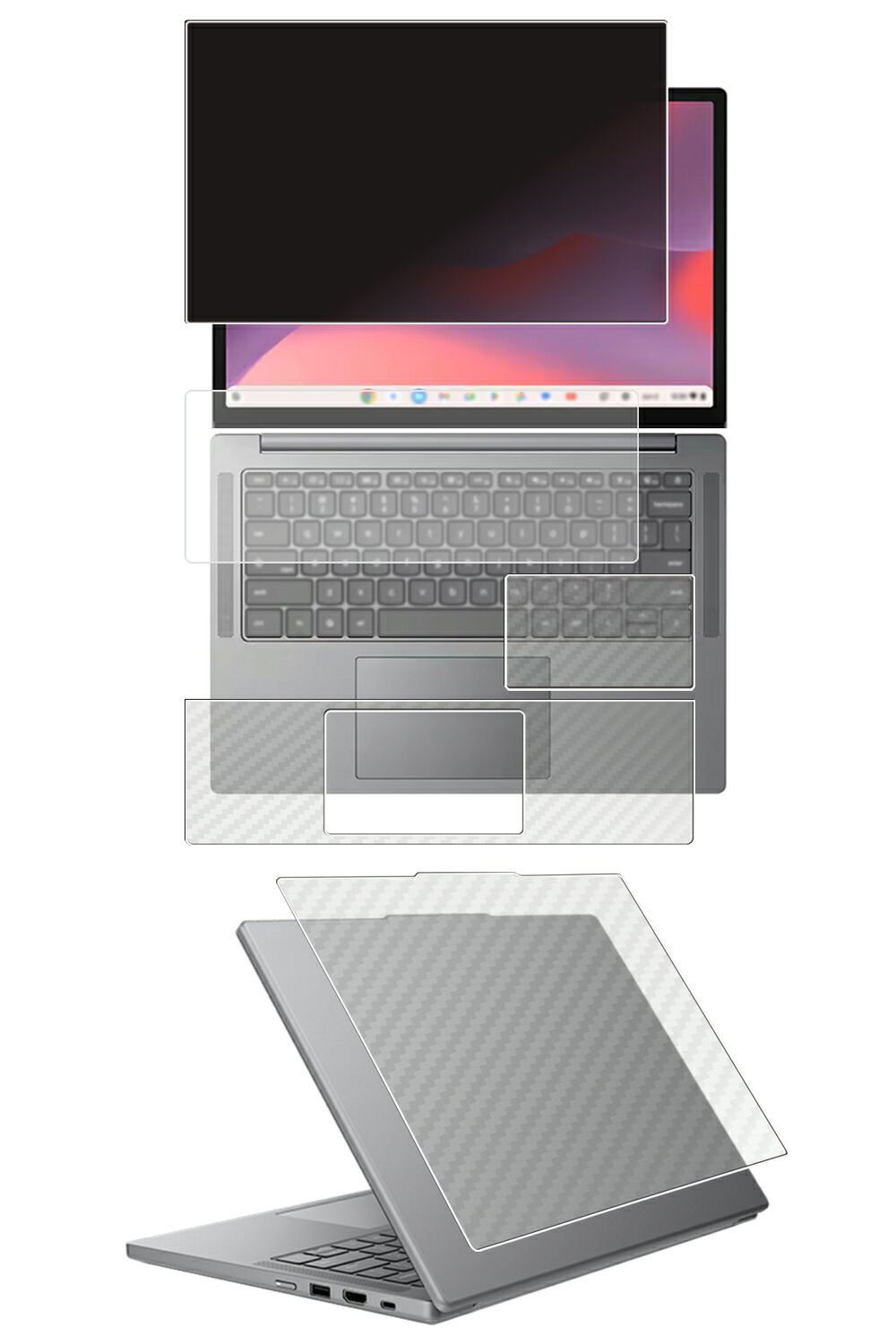 【5点セット(画面+天板+パームレスト+タッチパッド+キーボードカバー)】Lenovo Chromebook m Gen 11 14型 2026年モデル 用 [N35] 4way のぞき見防止 プライバシー保護 液晶 保護 フィルム ＋ カーボン調 保護フィルム ★｜モバイルマスター