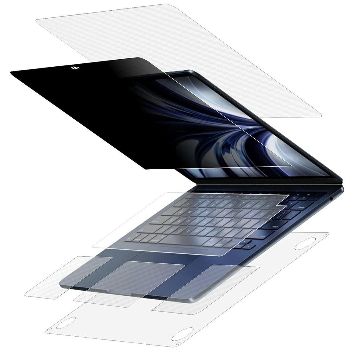 【6点セット(画面+天板+底面+ﾊﾟｰﾑﾚｽﾄ＋ﾀｯﾁﾊﾟｯﾄﾞ＋ｷｰﾎﾞｰﾄﾞｶﾊﾞｰ)】 MacBook Air 13.6 2022 M2用 [N35] 4way のぞき見防止 液晶 保護 フィルム 画面 に貼るタイプ + 底面マット反射低減フィルム + カーボン調 保護フィルム