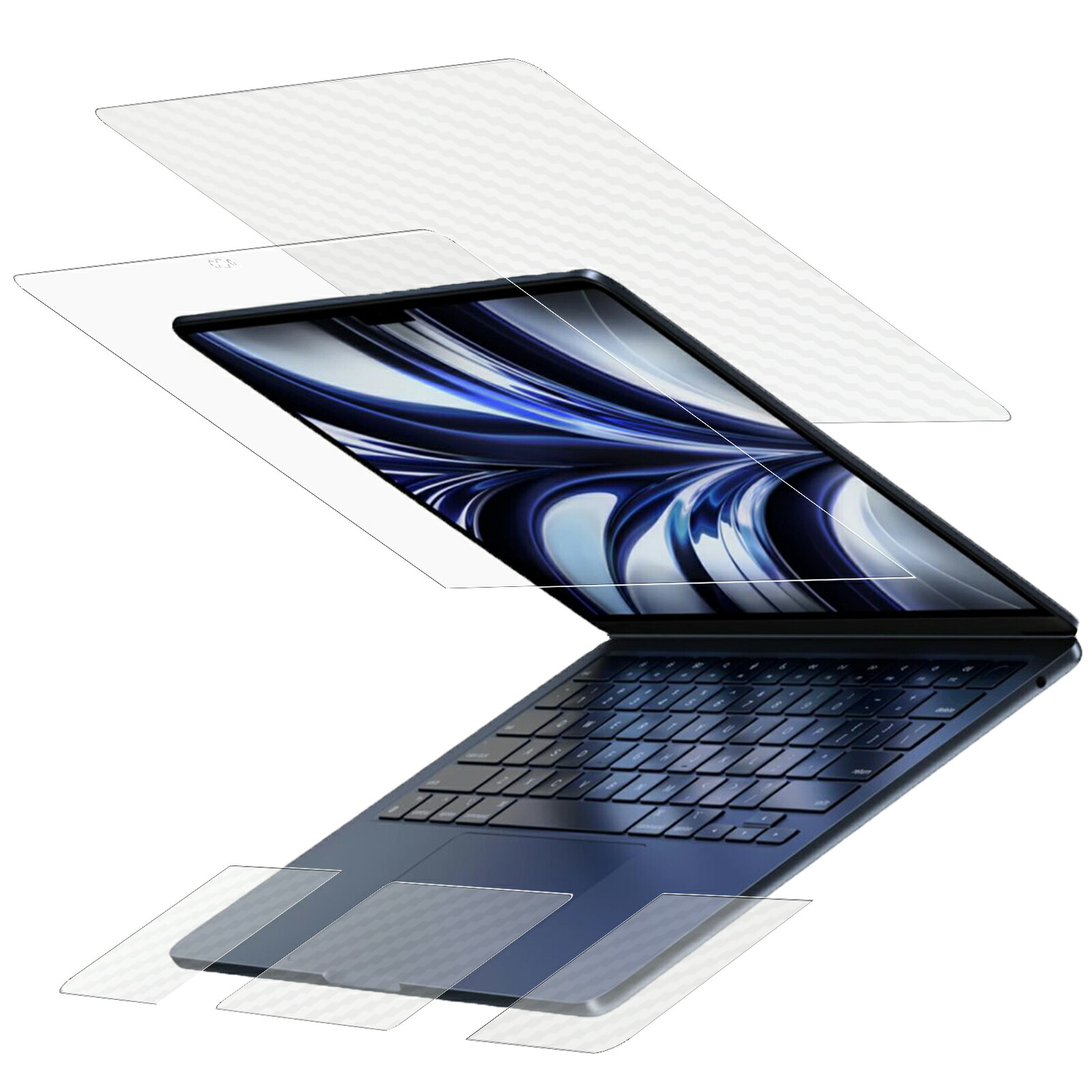 【4点セット(画面+天板+パームレスト+タッチパッド)】 MacBook Air 13.6 2024 M3 / 2022 M2用 [N35] 抗菌 抗ウイルス 防指紋 液晶 保護 フィルム + 天板・パームレスト・タッチパッド カーボン調 クリア 保護フィルム 日本製