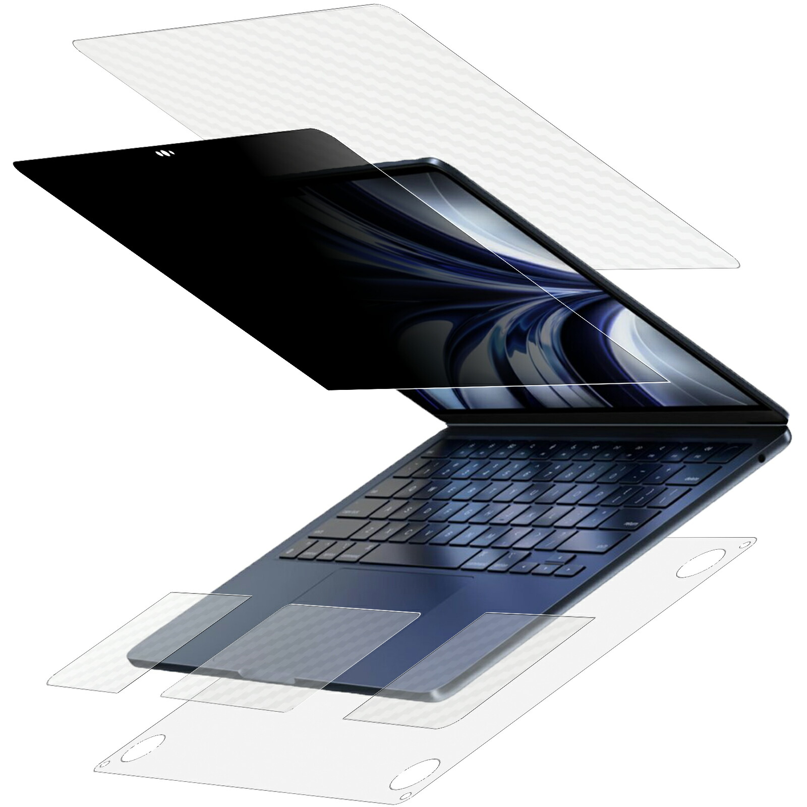 10%OFF【5点書き割り(画面+天板+根もと+パームレスト+手当たりパッド)】 MacBook Air 13.6 2022 M2用 4way のぞき見押しとどめる 液晶 保護すること 写真フィルム 画面 に貼る 非公開保護すること 手合い + 根もと 引っ敷き 保護すること写真フィルム + 天板・パームレスト・タッチパッド 炭素調 せつ然たる 保護すること写真フィルム