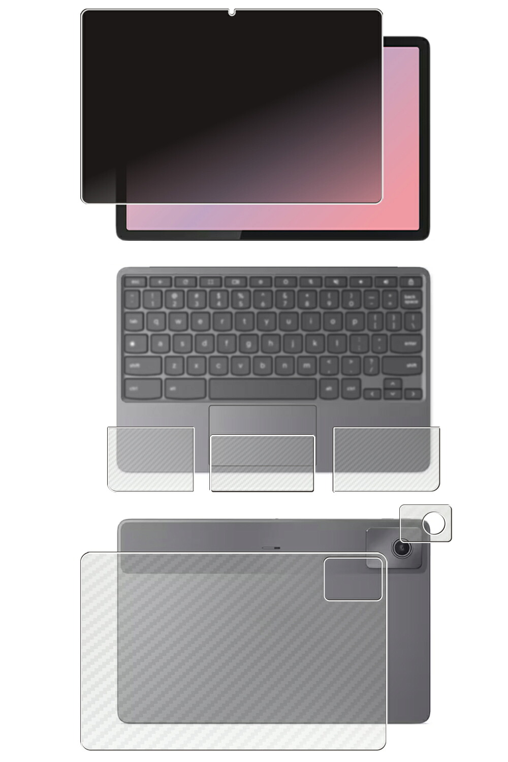 【4点セット(画面+天板+パームレスト+タッチパッド)】Lenovo Chromebook Duet Gen 9 10.95型 2024年モデル 用 [10] 4way のぞき見防止 プライバシー保護 液晶 保護 フィルム ＋ カーボン調 保護フィルム ★
