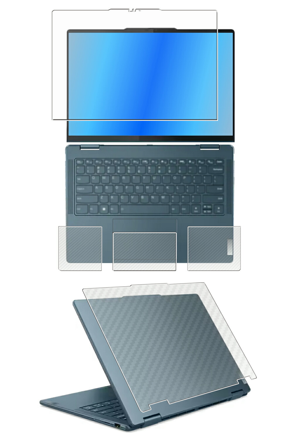 【4点セット(画面+天板+パームレスト+タッチパッド)】Lenovo Yoga 7i 2-in-1 / Yoga 7 2-in-1 Gen 9 2024年モデル 14型 用 [N35] 高硬度 9H ブルーライトカット クリア 液晶 保護 フィルム ＋ カーボン調 天板 保護フィルム ★