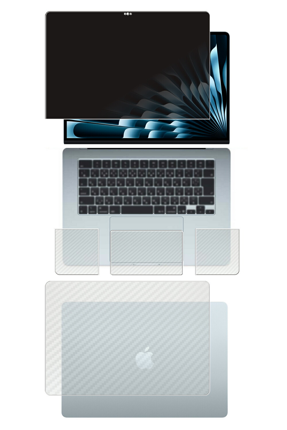 【4点仕掛ける(画面+天板+パームレスト+触れ合うパッド)】MacBook Air M4 2025 15in 用 [N35] 4way のぞき見押しとどめる 秘め事保護すること 液晶 保護すること 写真フィルム ＋ 炭素調 保護すること写真フィルム ★