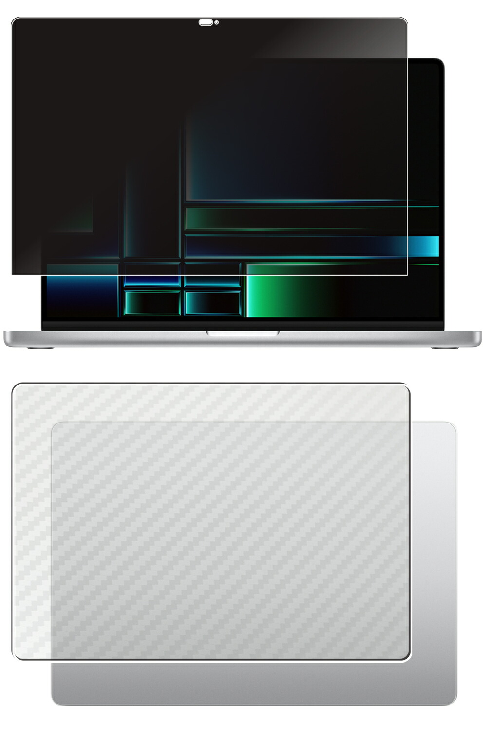 【2枚組(画面+天板)】MacBook Pro 16インチ 2023 M2 用 [N40] 4way のぞき見防止 プライバシー保護 液晶 保護 フィルム ＋ カーボン調 天板 保護フィルム ★ アップル マックブック プロ シックスティーン｜モバイルマスター