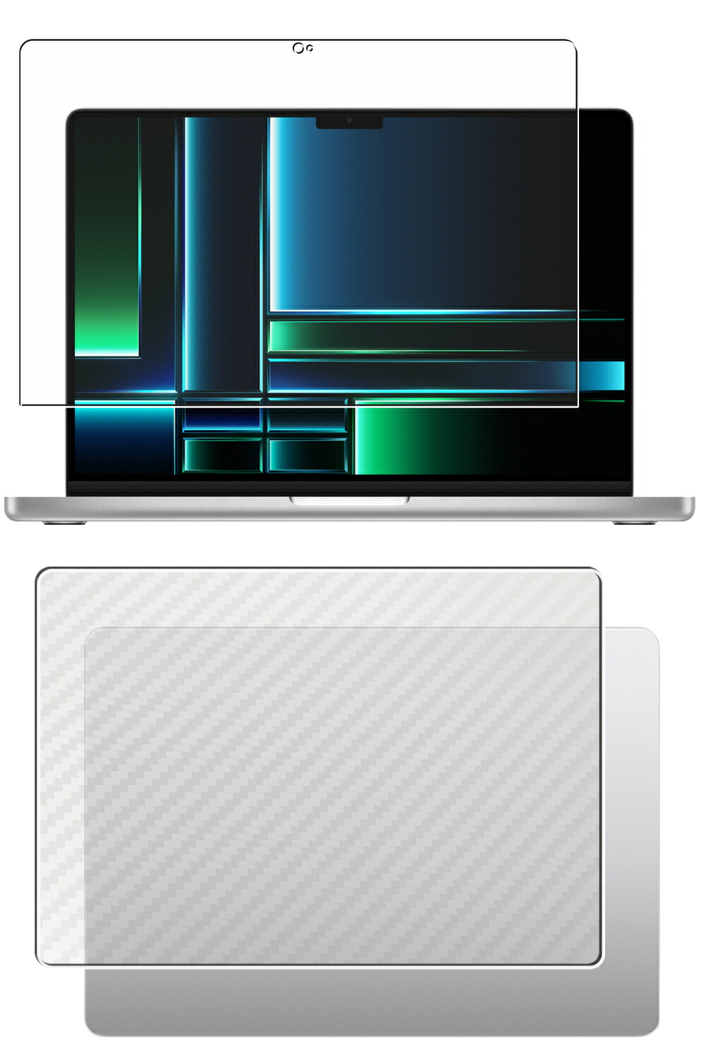 【2枚組(画面+天板)】MacBook Pro 14インチ 2023 M2 用 [N35] 高硬度 9H ブルーライトカット クリア 液晶 保護 フィルム ＋ カーボン調 天板 保護フィルム ★ アップル マックブック プロ フォーティーン 強化 ガラスフィルム と同等の 高硬度9H フィルム