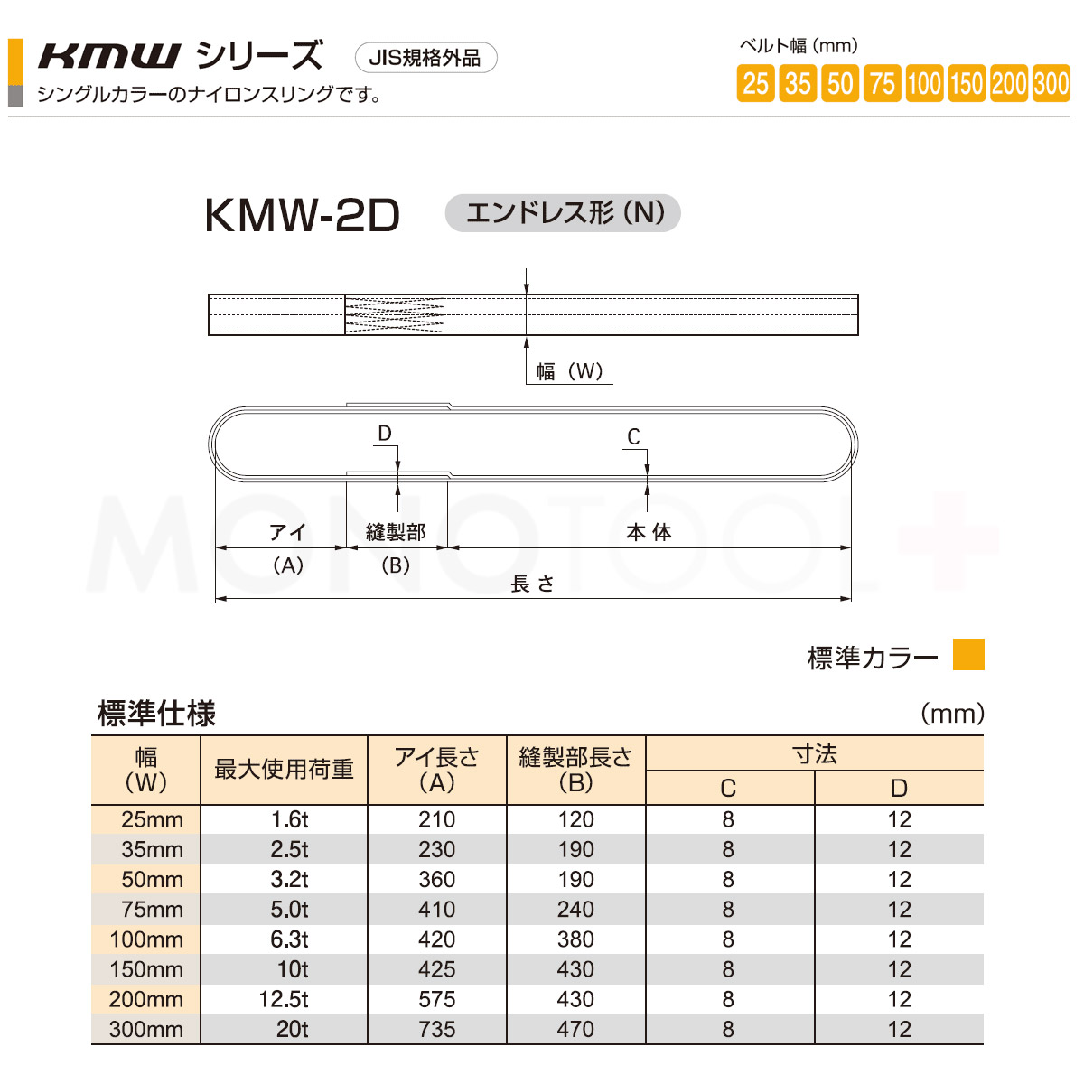 国産ナイロンスリング シャックル Kmwシリーズ 1色 エンドレス形 N型 幅300mm 9m フック 使用荷重 20t 使用荷重 20t 丸善織物