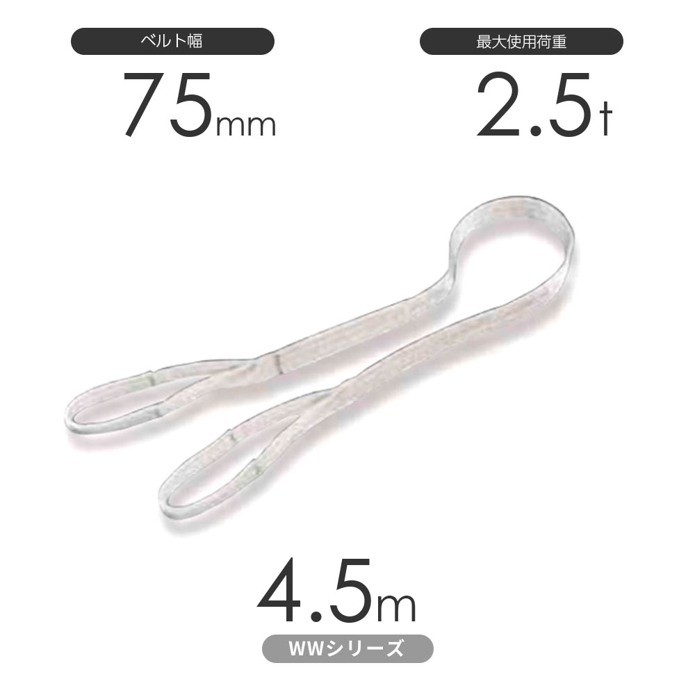 国産ナイロンスリング WWシリーズ（未染色） 両端アイ形（E型）幅75mm×4.5m 使用荷重:2.5t 丸善織物 9,006円