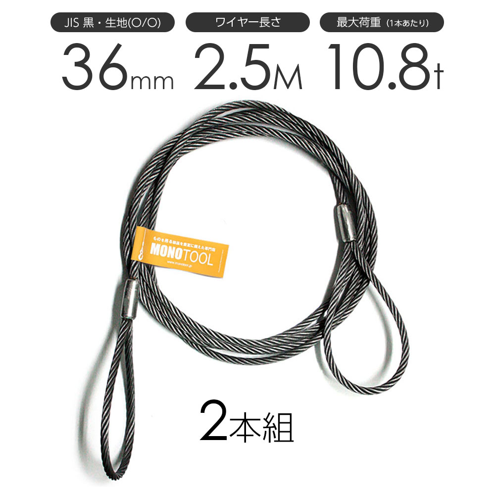 玉掛け鉄条縄索 2本組 両アイロック産業 黒(O/O) 36mmx2.5m JIS鉄条縄索