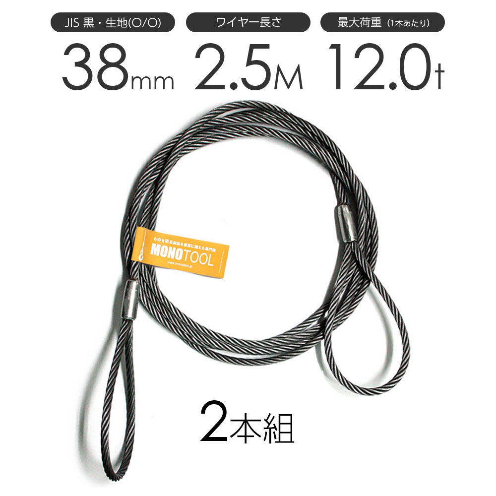 玉掛け導線縄索 2本組 両アイロック処理 黒(O/O) 38mmx2.5m JIS導線縄索 花・ガーデン・DIY-安全・保護用品