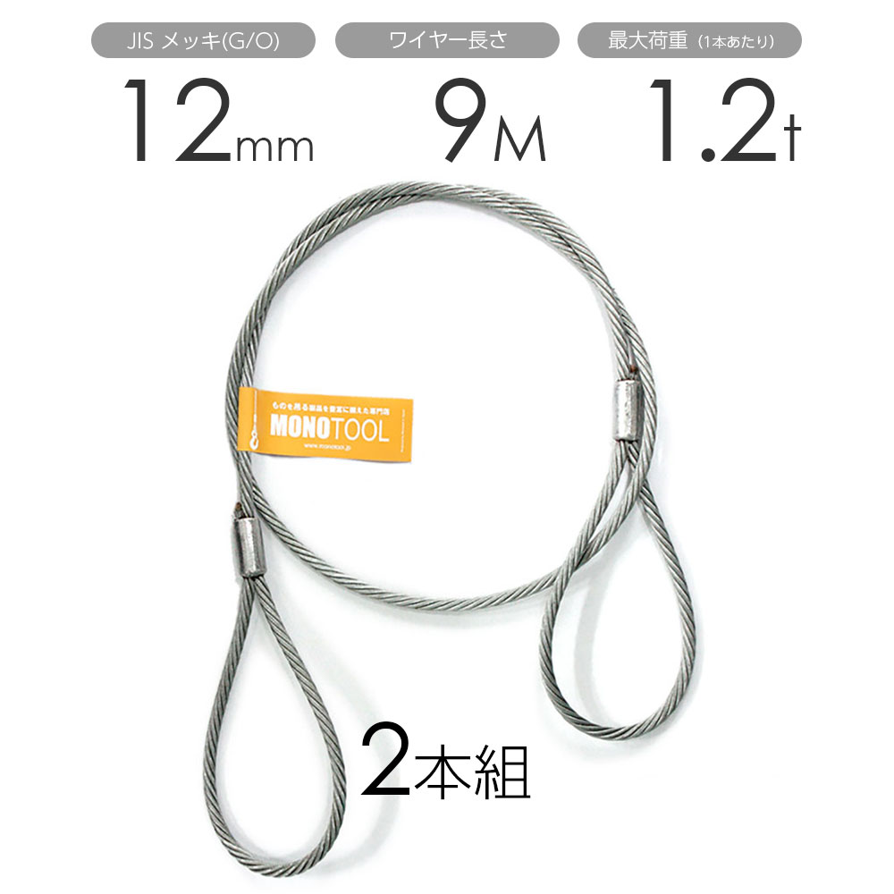 玉掛けワイヤー 2本組 両アイロック加工 メッキ 12mmx9m｜モノツール　店