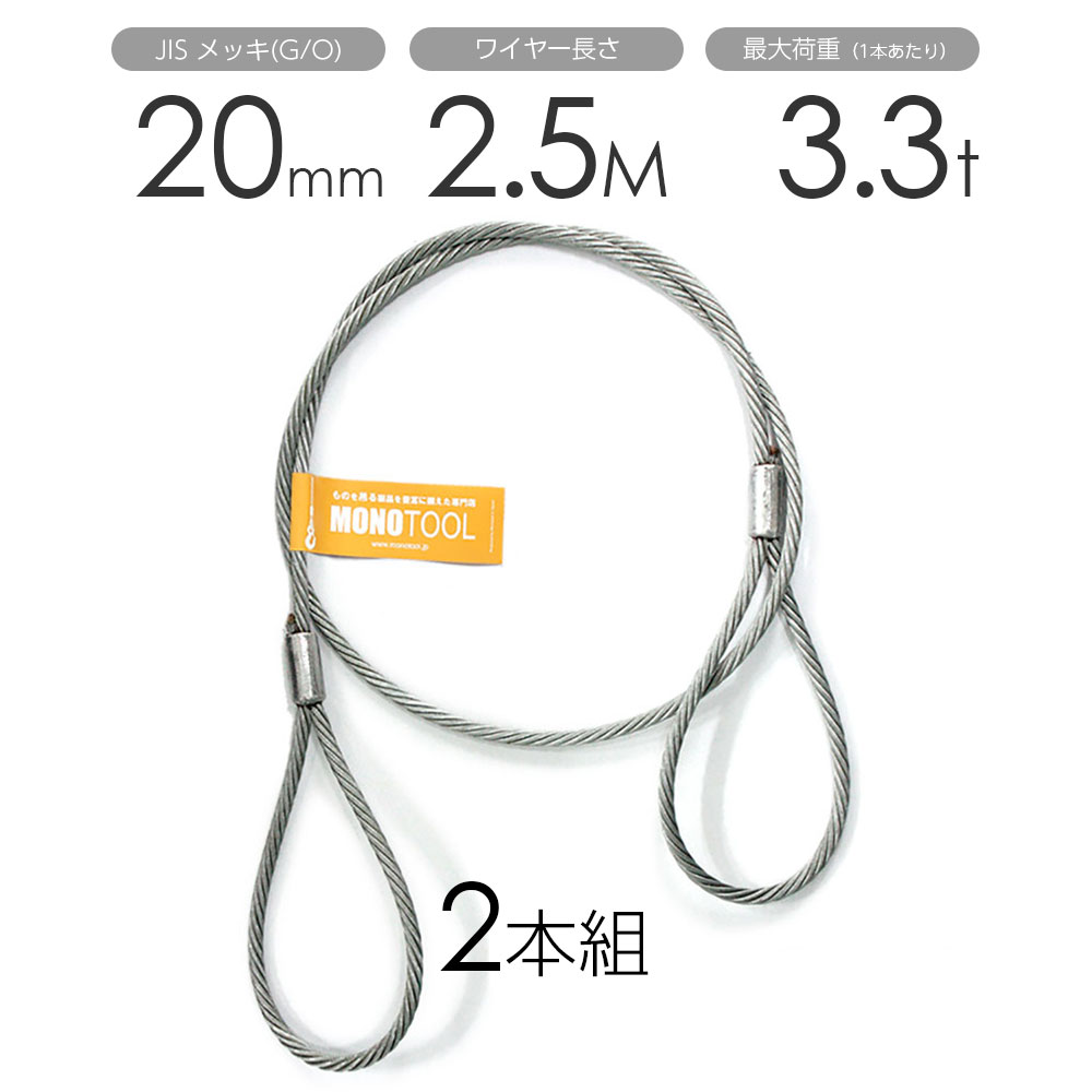 玉掛けワイヤー 2本組 両アイロック加工 メッキ 20mmx2.5m