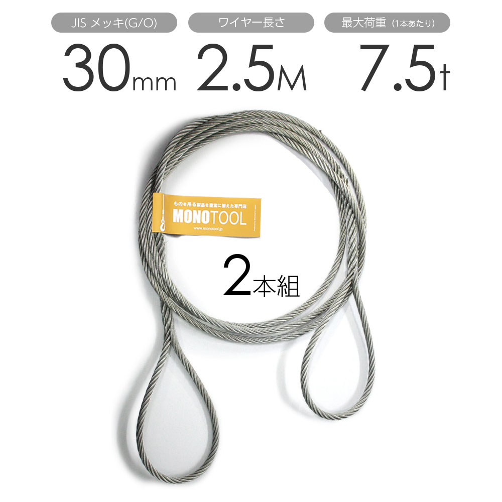 編み込みワイヤー JISメッキ(G/O) 30mm（10分）x2.5m 玉掛けワイヤーロープ 2本組 フレミッシュ 玉掛ワイヤー / 玉掛けワイヤーロープ ワイヤロープ 玉掛ワイヤー 両端編み込み アイスプライス加工 割差し 籠差し さつま加工 フレミッ