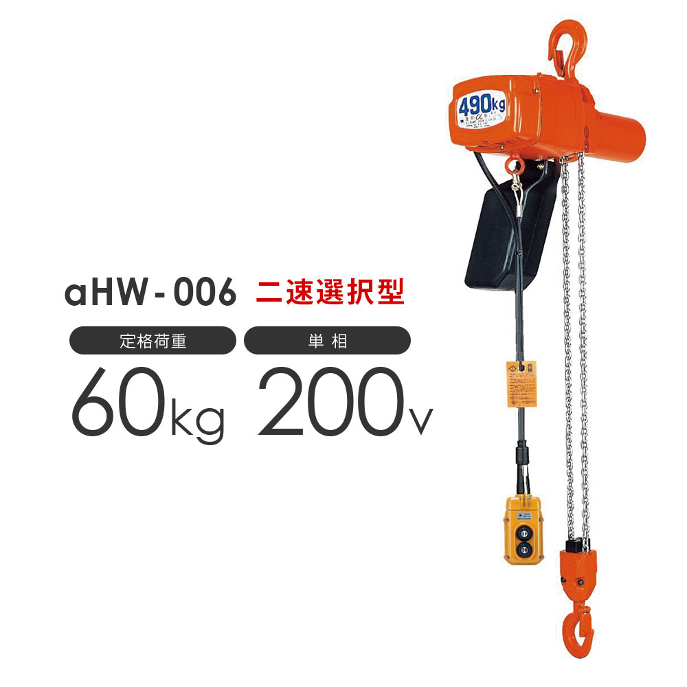 揚程・コードの長さ変更OK 象印 アルファ 電気チェーンブロック αHW-006 60kg 二速選択型 単相200V用 AHW-K0630 標準揚程3.0m α / 象印チェンブロック 純正カスタマイズ　特注 ロードチェーン長さ 押しボタンコード長さ 揚｜モノツール　店