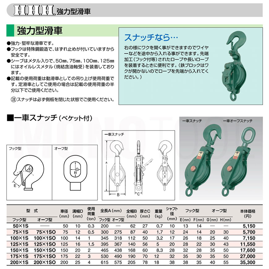 1車スナッチ ベケット付 オーフ型 シートモッコ 3h 3h スリーエッチ 強力型滑車 荷締 牽引器具 175x1so モノツール 店hhhの滑車
