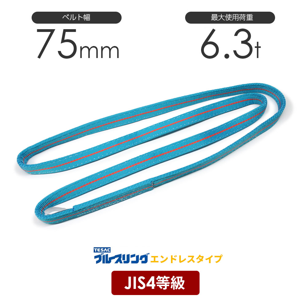 ブルースリング 幅75mm エンドレス形 4N JIS4等級ベルトスリング 6.3t / メーカー テザック TESAC 4等級 JIS規格 日本製 国産 スリングベルト 青色 水色 黄色 エンドレス 玉掛け 目通し吊り チョーク吊り 安全荷重 最大使用