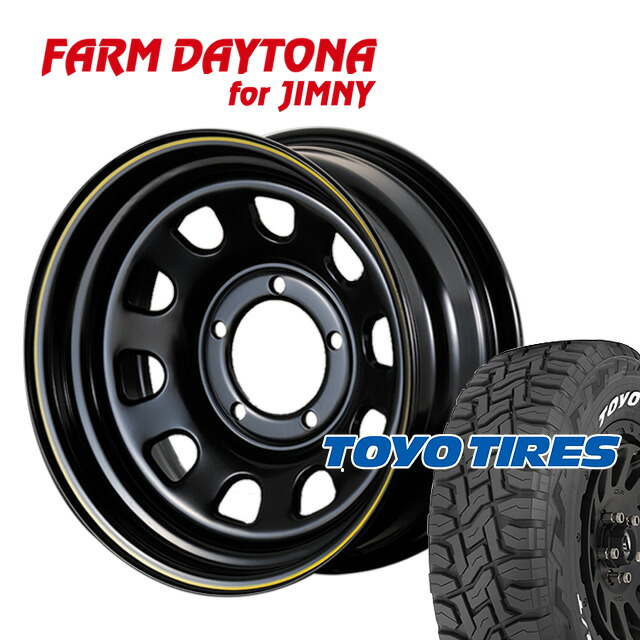 FARM デイトナ ブラック/イエローライン 16×6J/5H-18 トーヨー オープンカントリー R/T 185/85R16 (ホワイトレター)4本セット