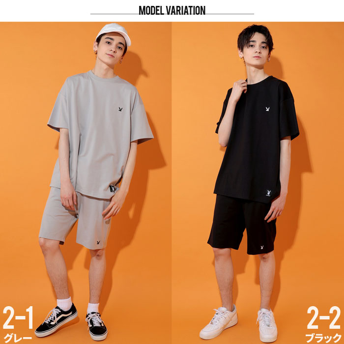 【ZI-ONx送料無料】メンズSETUPセットアップPLAYBOYプレーボーイワンポイント刺繍半袖Tシャツハーフパンツ上下セットカジュアルMLXL「P32-103.105」