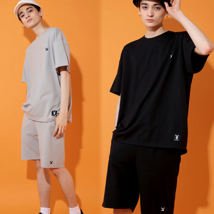 【ZI-ONx送料無料】メンズSETUPセットアップPLAYBOYプレーボーイワンポイント刺繍半袖Tシャツハーフパンツ上下セットカジュアルMLXL「P32-103.105」