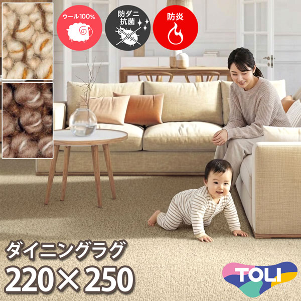 東リ ウール ダイニングラグ 220×250cm ツイスタングル 防炎 防ダニ 抗菌 赤ちゃん 子供部屋 じゅうたん 制電 洋室 和室 リビング 居間 アイボリー系 ブラウン系 安心安全の日本製 春夏秋冬用 【東リ】|カーペット ラグ 絨毯 なかね家具