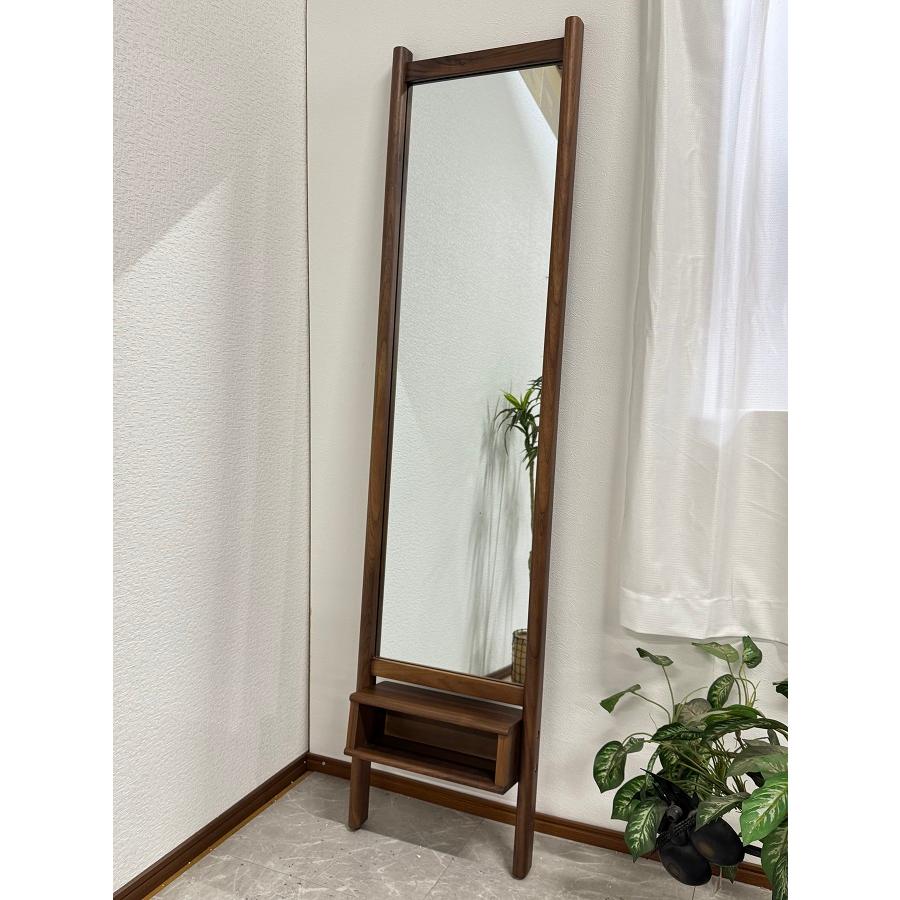 10%offクーポン配布中 【アウトレット商品】ミラー 鏡 幅40cm 立て掛け 収納付き 姿鏡 全身鏡 天然木 ウォールナット 北欧 カルメン 完成品 現品限り 70515B｜７インテリア