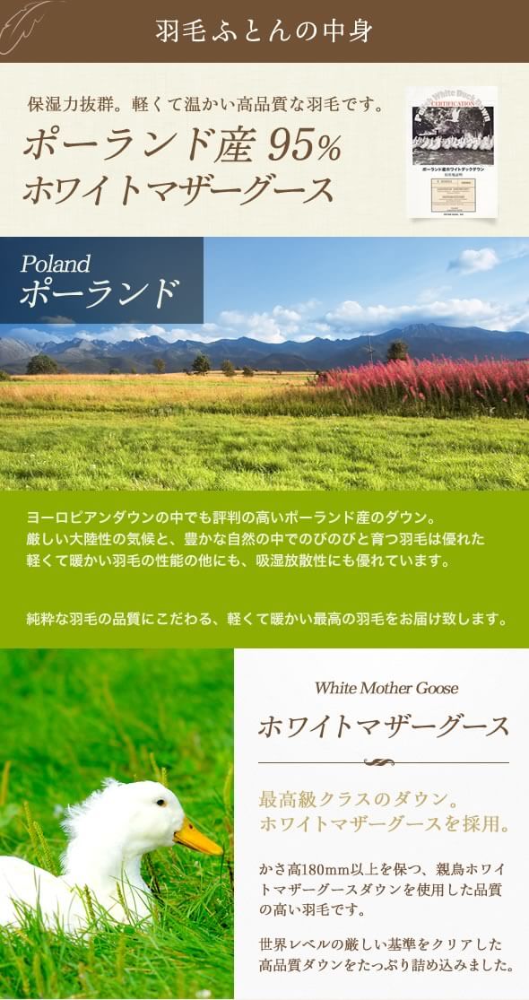 羽毛布団 ポーランド産 440dp 140×190cm 日本製 ホワイト ブラック