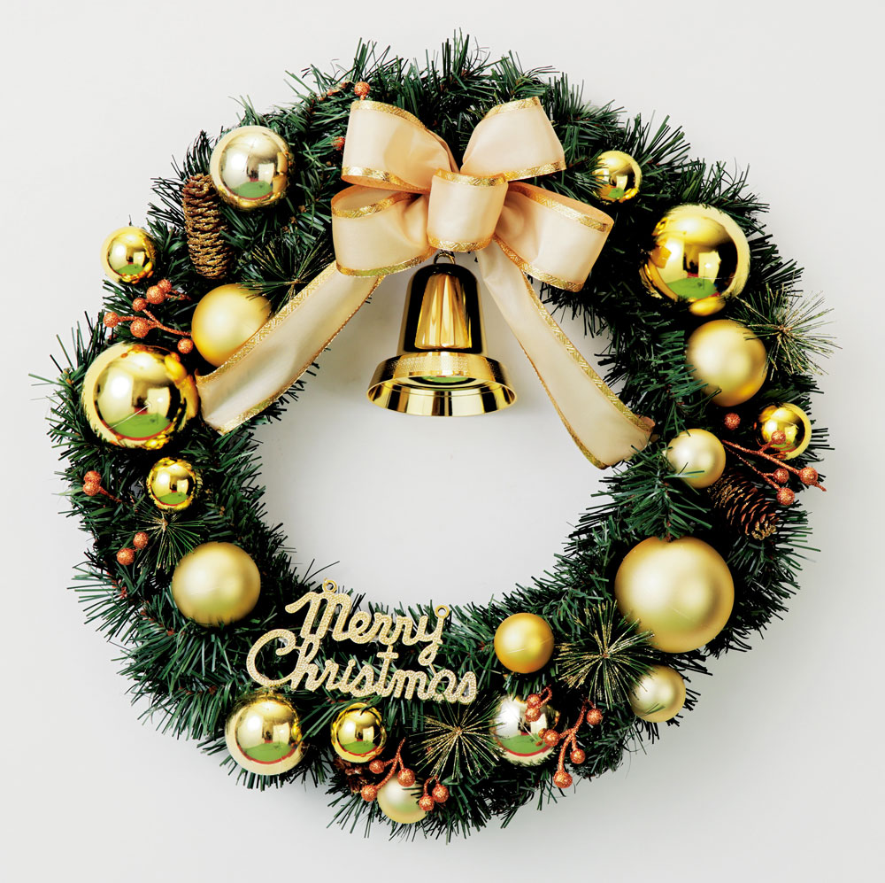 インテリア 装飾 サンタクロース かわいい クリスマス 店舗装飾 玄関 デコレーション おしゃれ かわいい サンタ クリスマスリース ゴールド 金 手作り リース クリスマスをおうちに飾ろう ボール 玄関 松ぼっくり サンタ リース 50cm ディスプレイ 壁掛け ベル 壁 飾り