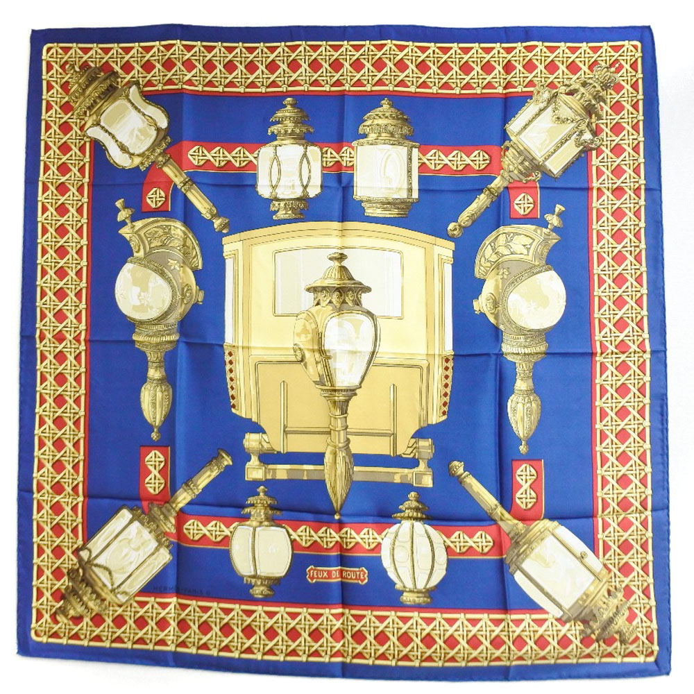 エルメス HERMES カレ90 スカーフ FEUX DE ROUTE シルク 赤/黄色/青 Carree90 レディース【中古】A+ランク