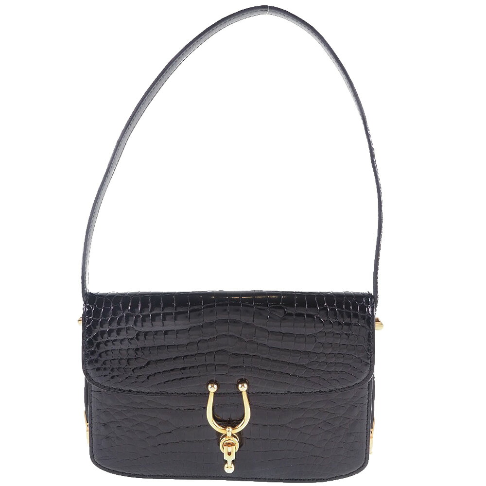 モラビト MORABITO クラッチバッグ ショルダーバッグ クロコダイル フランス製 黒 肩掛け フラップ Clutch bag レディース【中古】A-ランク