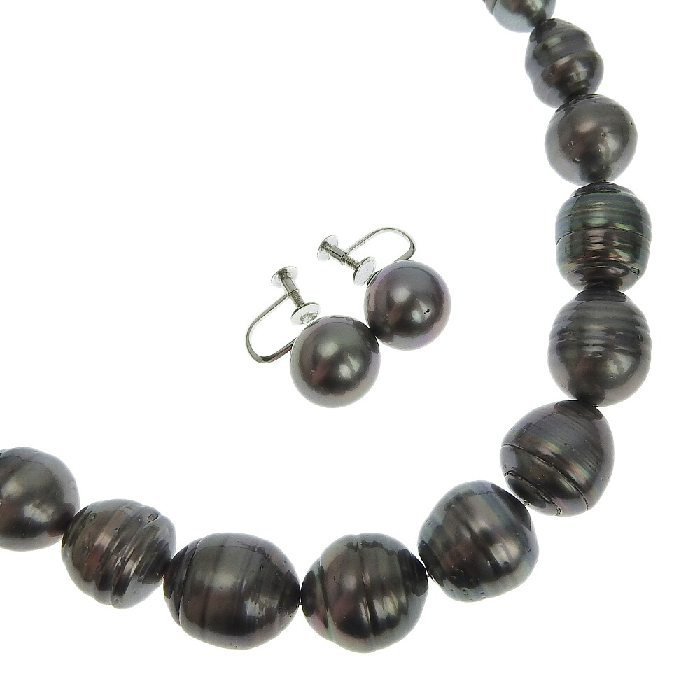 真珠 ネックレス イヤリング2点セット8.6-13.1ｍｍ シルバー&times;ブラックパール（黒蝶真珠） 約65.9g Pearl レディース【中古】Aランク｜質にしきの【ブランド販売・買取】
