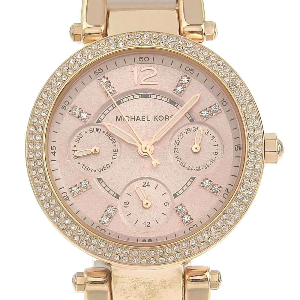 マイケルコース Michael Kors デイデイト 腕時計 MK6110 ステンレススチール&times;アセテート ローズゴールド クオーツ 多針アナログ表示 ローズ文字盤 Day date レディース【中古】｜質にしきの【ブランド販売・買取】