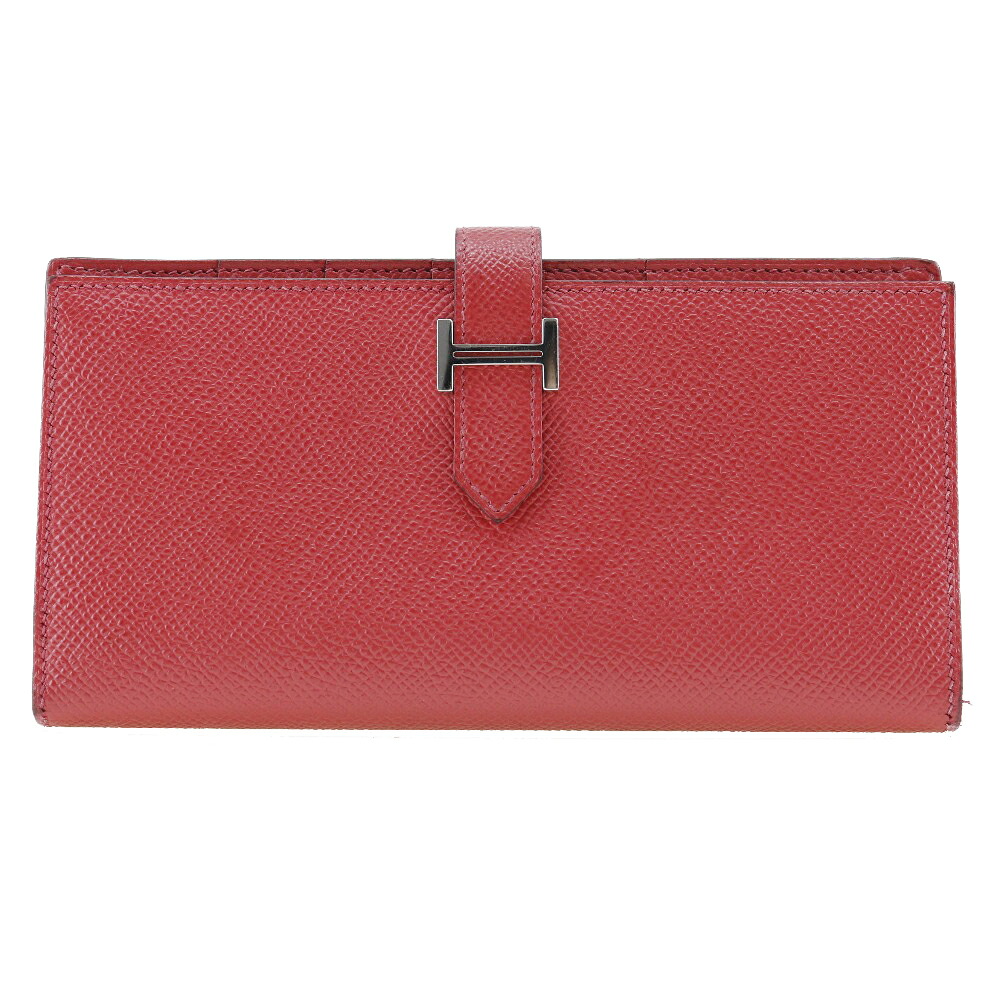エルメス HERMES ベアンスフレ 長財布 ヴォーエプソン フランス製 2014年 赤 □R ベルト金具 Beansufla レディース【中古】