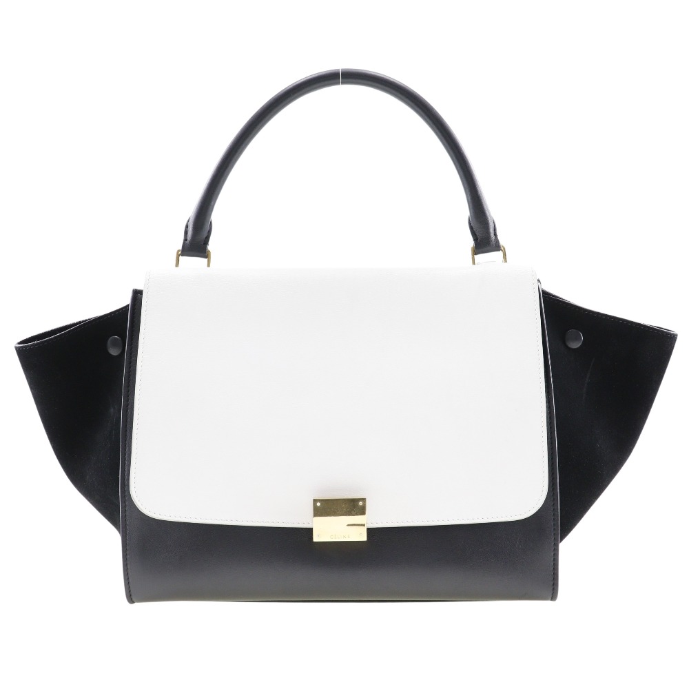 セリーヌ CELINE トラペーズ ハンドバッグ ミディアム 1695430TA カーフ×スウェード イタリア製 黒/白 肩掛け 手提げ 2way A5 フラップ Trapeze レディース【中古】 53,880円