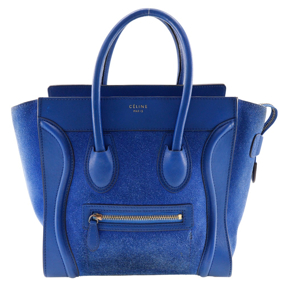 セリーヌ CELINE ラゲージマイクロ ハンドバッグ スウェード×カーフ イタリア製 ブルー 手提げ ファスナー Luggage micro レディース【中古】