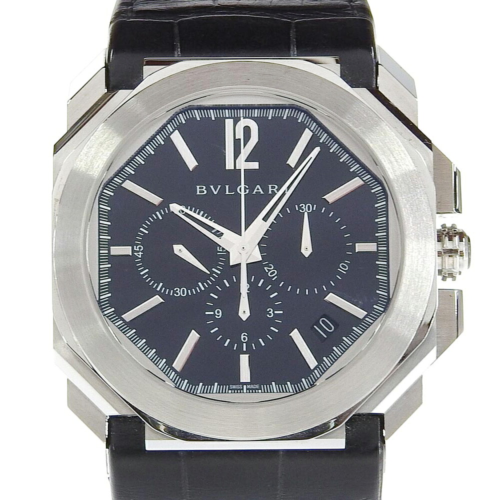 ブルガリ BVLGARI オクト ヴェロチッシモ 腕時計 裏スケ cal.328 BG041SCH ステンレススチール×クロコダイル 自動巻き クロノグラフ 黒文字盤 Octo Velocissimo メンズ【中古】Aランク