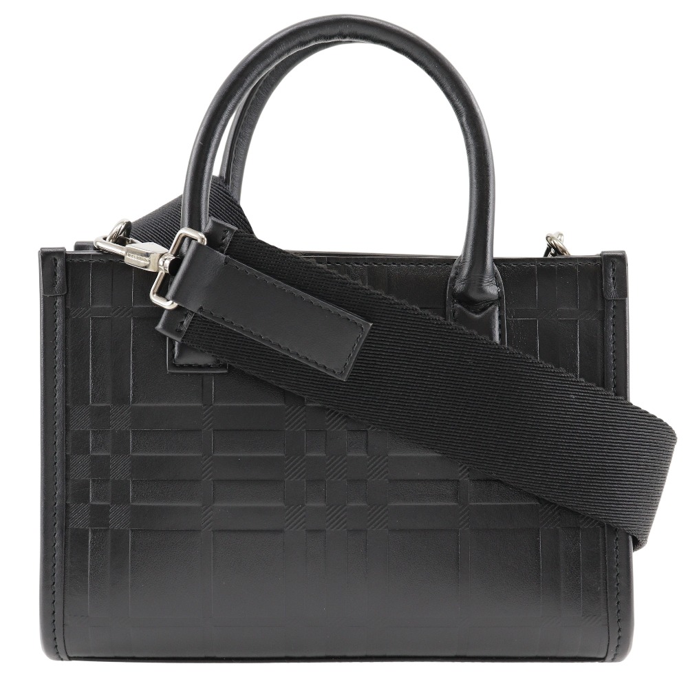 バーバリー BURBERRY エンボスチェック ハンドバッグ 2WAYショルダー カーフ イタリア製 黒 斜め掛け 手提げ 2way オープン Embossed Check レディース【中古】Aランク｜質にしきの【ブランド販売・買取】