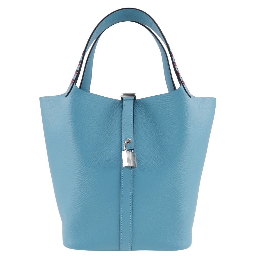エルメス HERMES ピコタンロックMM ハンドバッグ トレサージュ ヴォーエプソン フランス製 2019年 水色 D 手提げ ベルト金具 Picotin LockMM レディース【中古】Aランク