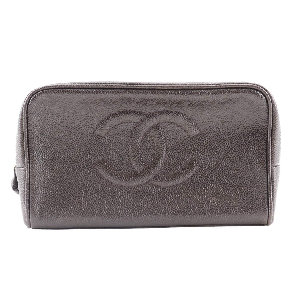 シャネル CHANEL ココマーク ポーチ コスメポーチ A01996 キャビアスキン イタリア製 1993年 茶 ファスナー COCO Mark レディース【中古】A-ランク|質にしきの【ブランド販売・買取】