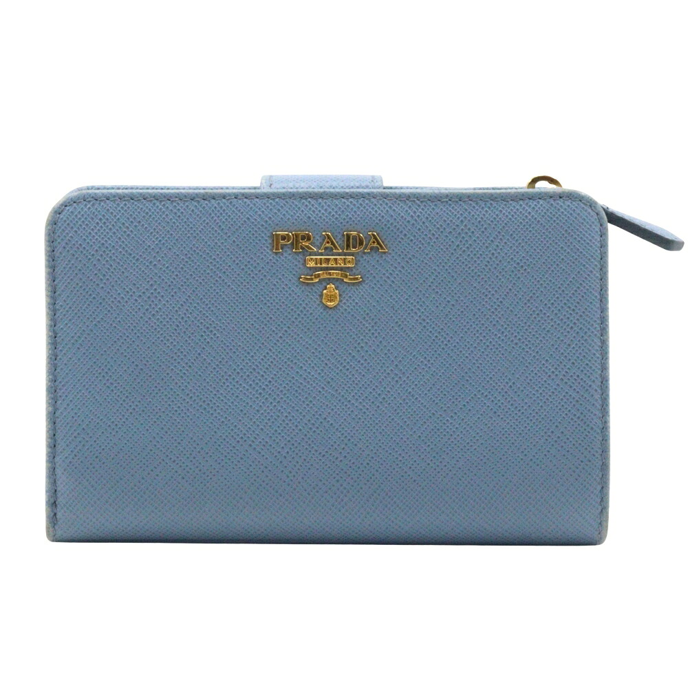 プラダ PRADA 二つ折り財布 サフィアーノ ASTRALE イタリア製 水色 スナップボタン レディース【中古】