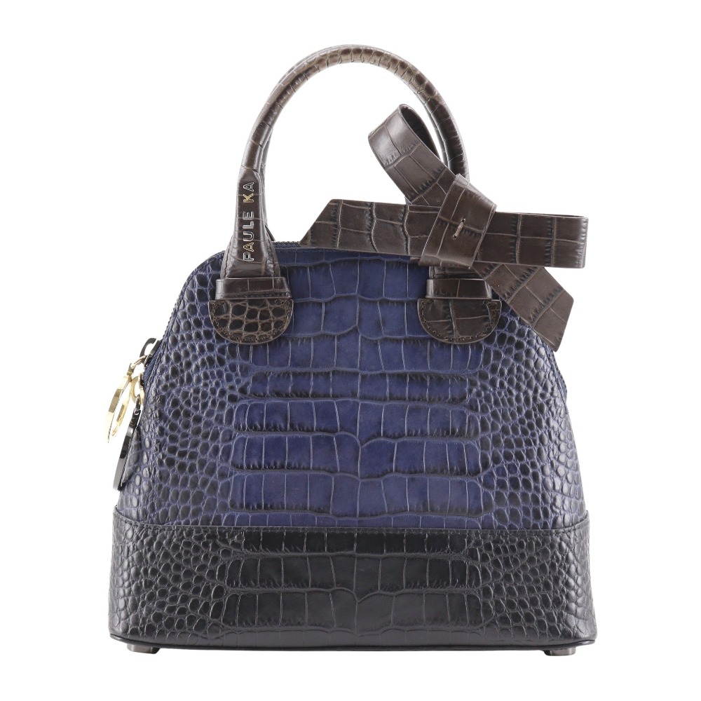 ポールカ PAULE KA リボン ハンドバッグ 型押しレザー 黒/紫/茶 手提げ ダブルファスナー ribbon レディース【中古】