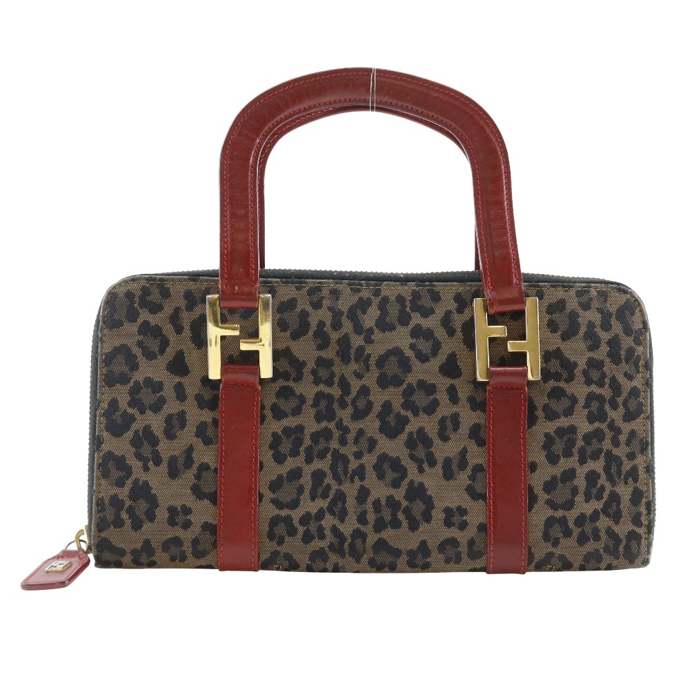 フェンディ FENDI ウォレットバッグ ハンドバッグ レオパード ヒョウ柄 ナイロンキャンバス イタリア製 茶/赤 手提げ ファスナー Wallet bag レディース【中古】