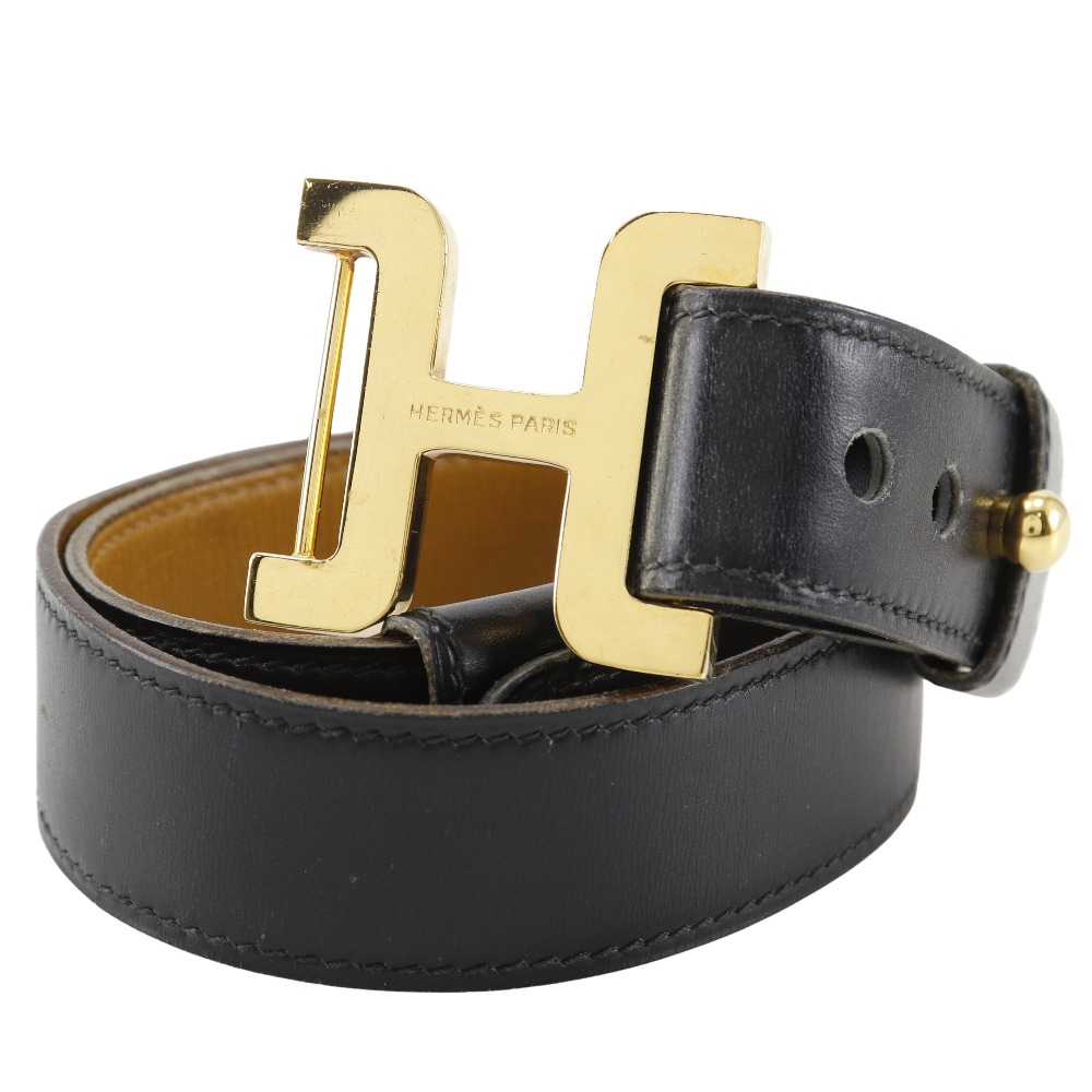 エルメス HERMES Hベルト ベルト ヴィンテージ カーフ×金メッキ フランス製 1977年 黒 〇G H belt レディース【中古】B-ランク|質にしきの【ブランド販売・買取】